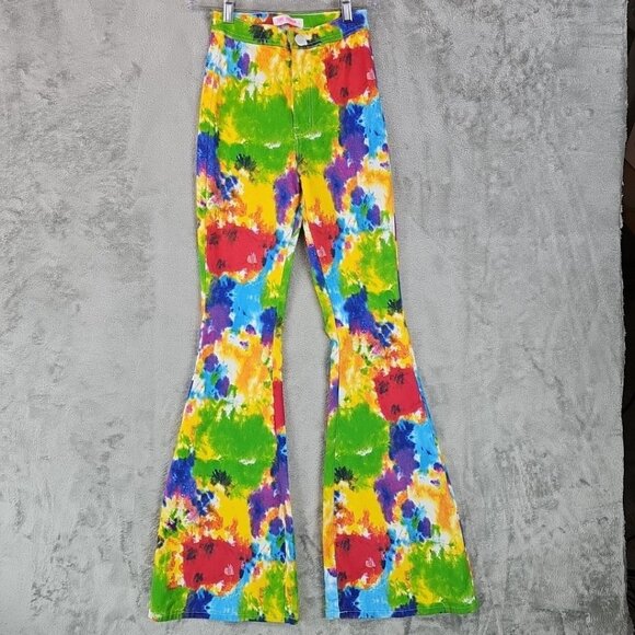 2BME Fashion Jeans Womens M High Rise Bell Bottom Flare Rainbow Tie Dye Boho - Picture 1 of 10